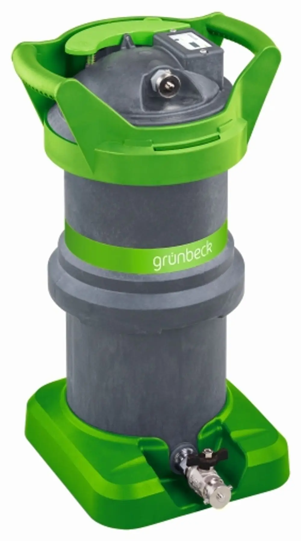 Grünbeck-Mischbettpatrone in grauer und grüner Farbgebung, zylindrische Form mit einer Oberseite, Griff und Anschluss für Wasserleitungen.